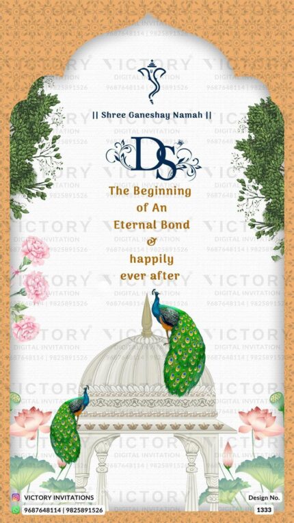 A Captivating Tapestry of Vista White, Ganesha's logo, Arch Design, Temple Dome, and Enchanting Floral Embellishments in a Wedding Invitation, design no.1333