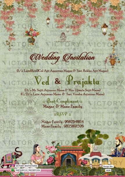 The traditional Theme of the Hindu Maharashtrian digital invitation card for wedding ceremony in green, red splash background color. This e-invite card is perfectly suitable for the marathi family and it's available in English language. It includes elements such as a lantern, the Ganesha logo, pink tulips, orange flowers, elephants, a banana tree, pink flowers, a Mughal painting, a mehendi doodle, a wedding couple doodle, a peacock, an umbrella, birds, a cage, haldi couple doodle, sangeet couple doodle.