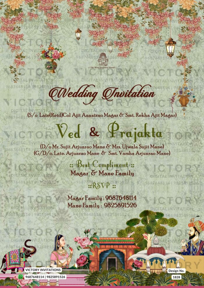 Digital Wedding Invitation with Mughal Influence, Luxurious Pistachio Background, Ganesha motif, traditional couple doodles, and Exquisite Blossom Patterns, design no.1828