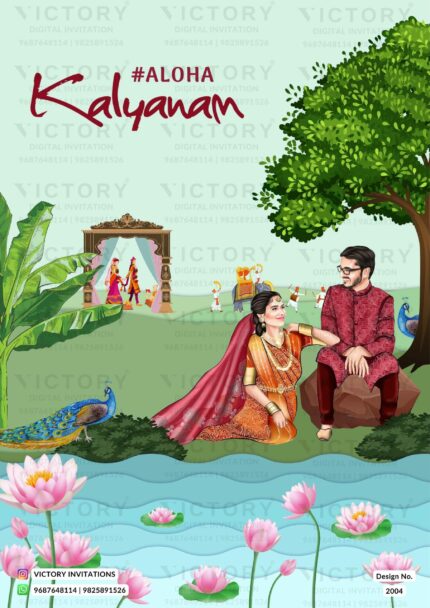 Adorable couple caricature invitation card for wedding ceremony of hindu south indian telugu family in english language with garden theme design 2004