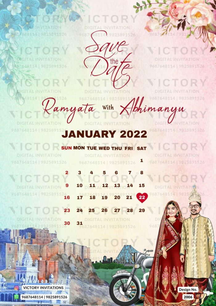 A Rich Wedding E-Invite with the Melody of Pink Vanilla, White, and Blue shades, the Divine Ganesha logo, the Shining Couple Caricature, and Amidst the Majestic Mehrangarh Art, design no.2006