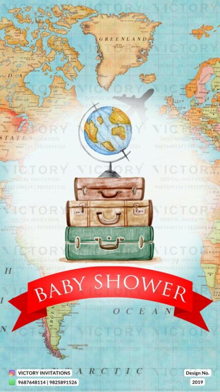 Bright Blue and Brown Whimsical World Map Travelling Theme Baby Shower E-invitations, design no. 2019