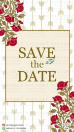 "Mughal Flowers, Yellow Lantern, and Mesmerizing Arch in the Exquisite Save the Date e-Invite on an Antique White Backdrop with Traditional Couple Doodle." Design no. 2328