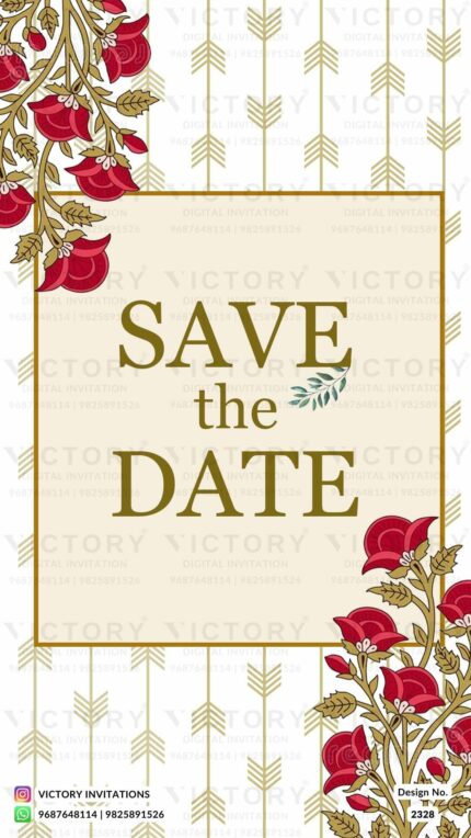 "Mughal Flowers, Yellow Lantern, and Mesmerizing Arch in the Exquisite Save the Date e-Invite on an Antique White Backdrop with Traditional Couple Doodle." Design no. 2328