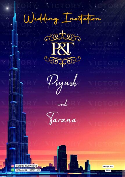 An Exquisite Digital Wedding Invitation Card, Adorned with an Enchanting Caricature and Set Against the Majestic Backdrop of Burj Khalifa. Design no. 2898