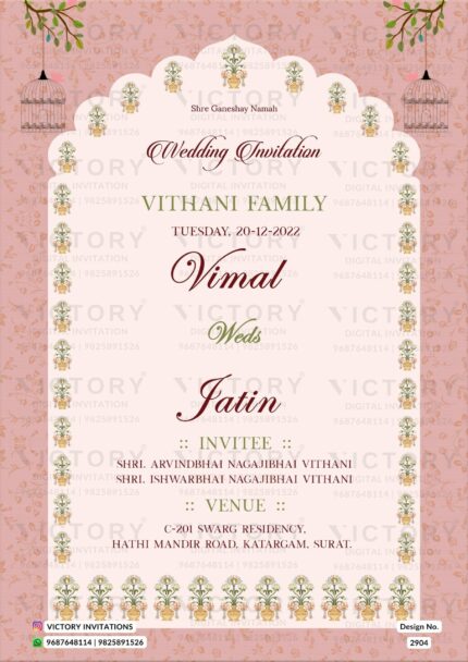 Pastel Shaded Vintage Floral Theme Indian Electronic Wedding Invites with Classic Wedding Doodle Illustrations, Design no. 2904