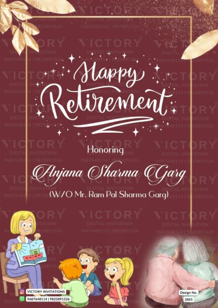 A Dazzling Retirements Invitation card Blend of Maroon Opulence, Golden Elegance, and Whimsical Doodles. Design 2865