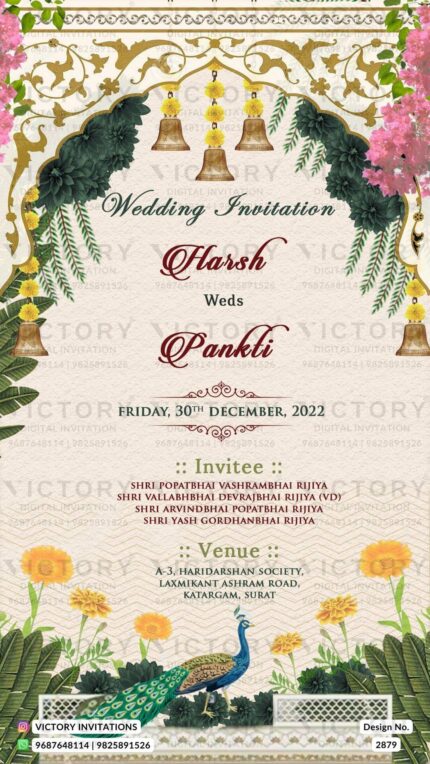 Floral Theme Wedding Invitation card featuring mesmerizing texture background, vintage peacock, and temple bells. Design no. 2879