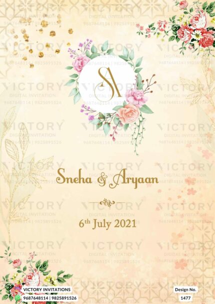 A Dazzling E-Engagement invite with Creamy and Pink Flare Splashes, Enigmatic Ganesha Motifs, Architectural Splendor of Mahal, Marigold Delights Embracing Pink Roses and Lush Leaves, Design no.1477
