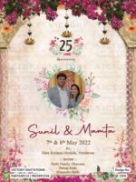 Radiant Diya-inspired Vintage-themed Anniversary Invitation Card with captivating doodles and image of the couple, Blush White Roses, and Lattice tulips Border, Design no.1503