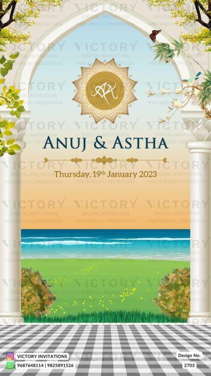 Romantic couple caricature invitation card for wedding ceremony of hindu north indian family in english language with Beach and royal theme design 2703