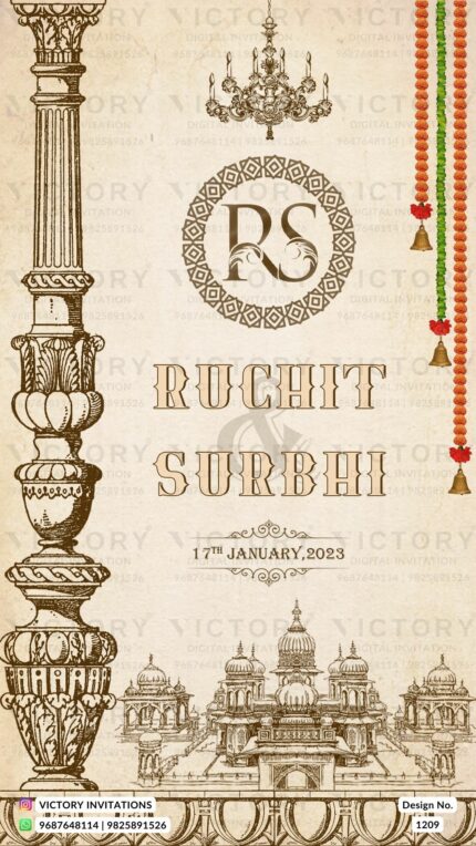 Wedding ceremony invitation card of hindu gujarati leuva family in English language with vintage theme design 1209