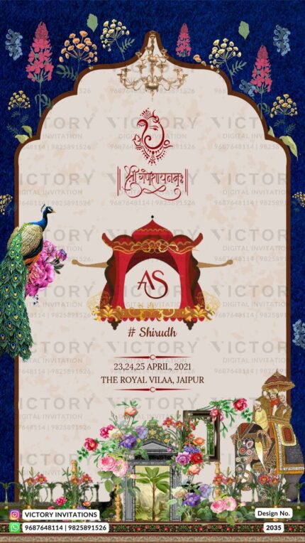 Wedding ceremony invitation card of hindu rajasthani rajput family in English language with Arch theme design 2035
