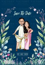 "A Digital Invitation Card Featuring a Captivating Blend of Prussian Blue, Mint Cream, and Milky White Hues, Adorned with a stunning Doodle of the Couple, Vivid Florals, and Lush Leaves."
