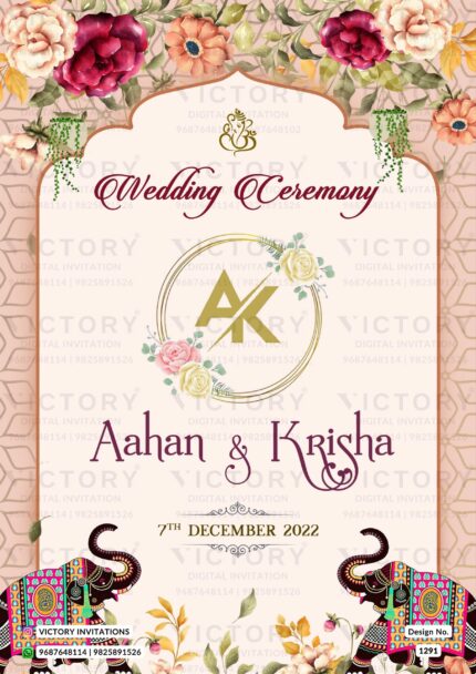 Traditional Pastel Shaded and Gold Vintage Floral Theme Electronic Wedding Invites with Classic Mehendi and Haldi Brides Doodle Illustrations, Design no. 1291