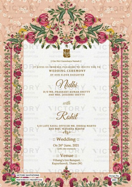 "A Beautifully Crafted Representation of Grace and Harmony, Featuring Delicate White Flowers, Green Flower Frame, Bride Doodle, Enhanced by a Thick Seamless-Patterned Plush Pink and Dark Green Floral Lattice Border with Hints of Mustard-Colored Flowers, Perfect for an Indian-Hindu Wedding Ceremony."