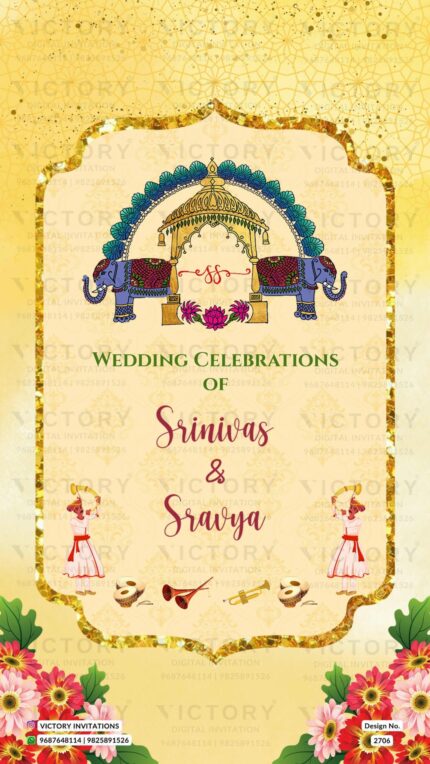 Radiant Splendour Digital Wedding Invitation Card, Infused with Vibrant Hues, Enchanting Umbrellas, Playful Haldi Doodles, and the Symbolic Union of Two Hearts, Design No. 2706