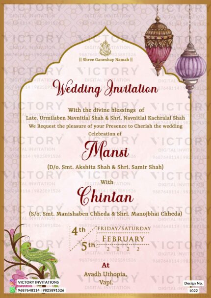 Wedding ceremony invitation card of hindu gujarati patel family in English language with traditional theme design 1022