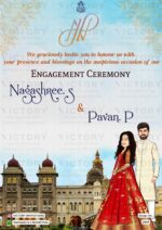 "An Exquisite Digital Wedding Invitation Card Featuring Captivating Sky-Shaded Background, and Beautiful Caricatures of the Couple in Traditional Attire with Regal Mahal Backdrop and Golden Leaf Adorned Border" Design no. 2419