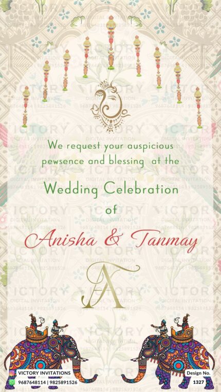 Traditional Pastel Ivory and Maroon Vintage Theme Digital Indian Wedding/Engagement Invitations with Indian Wedding Couple Doodle Illustration, Design no. 1327