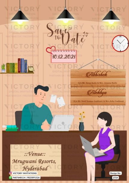 A Captivating Digital Love Story Wedding Invitation, Infused with the Allure of an Office Theme, Enchanting Couple Illustration, and Vibrant Colours Design no. 2724