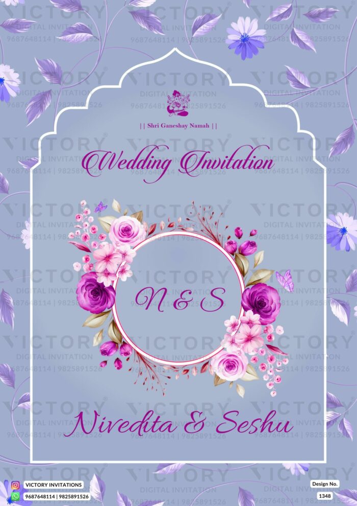 Muted Blue and Lilac Floral Theme Indian Electronic Wedding Invitations, Design no. 1348