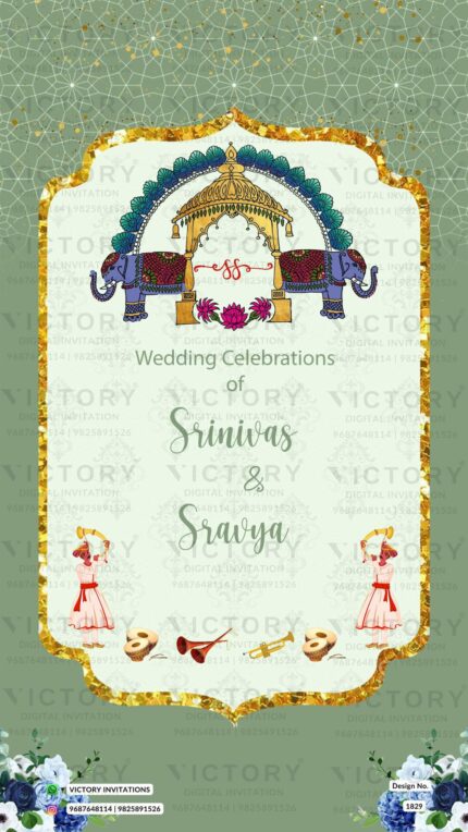 Pastel Green and Beige Vintage and Traditional Whimsical Theme Indian Wedding E-invites with Indian Folk Artists and Wedding Couple Doodle Illustrations