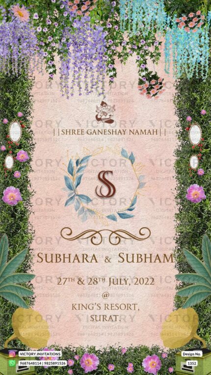 "Exquisitely Designed Digital Wedding Invitation Card Featuring Captivating Lord Ganesha Logo, Mesmerizing Art of Peacock and Cheetah, and Elegant Floral Elements" Design no. 1352
