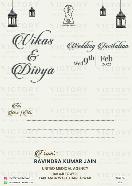 Wedding ceremony invitation card of hindu rajasthani jain family in English language with minimalistic theme design 1036