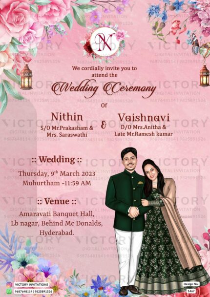 "A Magnificent Online Wedding Invitation with Indian Traditional Motifs, Botanical Illustrations, and Textual Elements for a Lavish Wedding Celebration."
