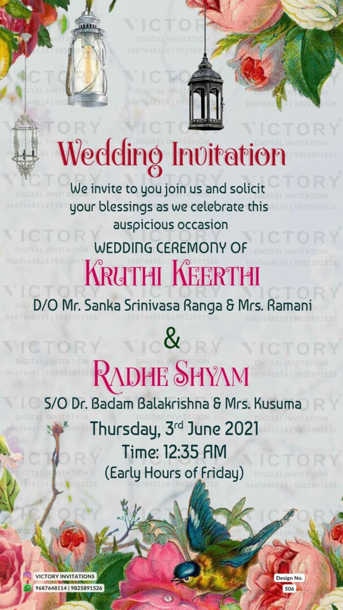 Wedding ceremony invitation card of hindu modern family in English language with artistic floral theme design 506