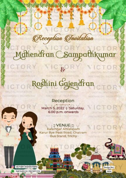 Wedding ceremony invitation card of hindu south indian tamil family in English language with floral theme design 1854