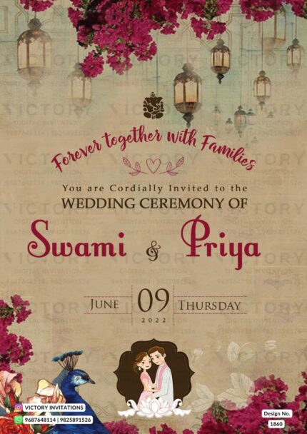 Wedding ceremony invitation card of hindu south indian tamil family in English language with floral theme design 1860