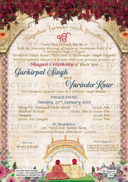 Wedding ceremony invitation card of hindu punjabi sikh family in English language with traditional theme design 2795
