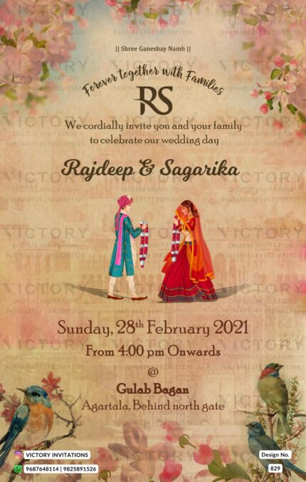 Wedding ceremony invitation card of hindu north indian bhojpuri family in English language with Vintage theme design 829