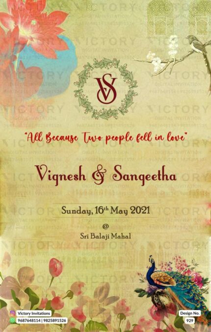 Rustic Peach Orange Vintage Floral Digital Wedding Invitations with Classic Indian Wedding Doodle Illustrations of the Couple, design no. 929