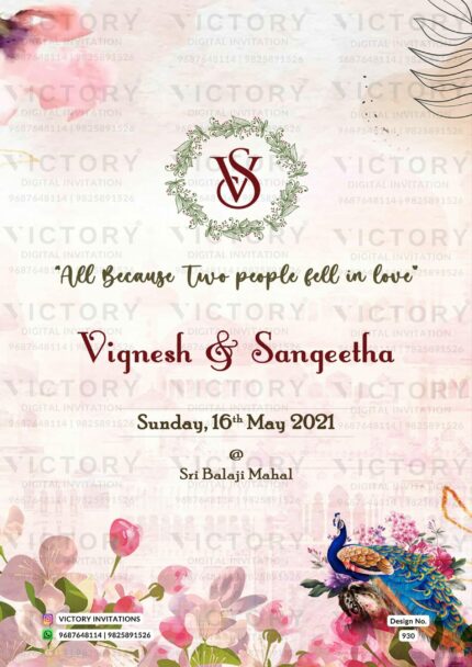 Misty Rose Vintage Floral Digital Wedding Invitations with Couple Caricature and Classic Indian Wedding Doodle Illustrations, design no. 930