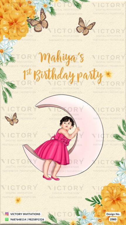 "A Majestic Birthday Invitation with a Vibrant Yellowish Orange Backdrop, Delicate Floral Cascades, Graceful Butterflies, and an Adorable Caricature" Design no. 2583