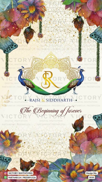 A Breathtaking Collection of Exquisite Digital Wedding Ceremony Invitation Cards With a Couple Logo, Deer, and Botanical Flower. Design no. 3030