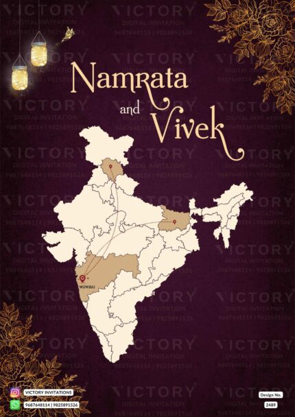 Burgundy Wine and Golden Whimsical Theme Indian Wedding Reception Invitation Cards with Classic Indian Wedding Couple Doodle and Map Illustration, Design no. 2489