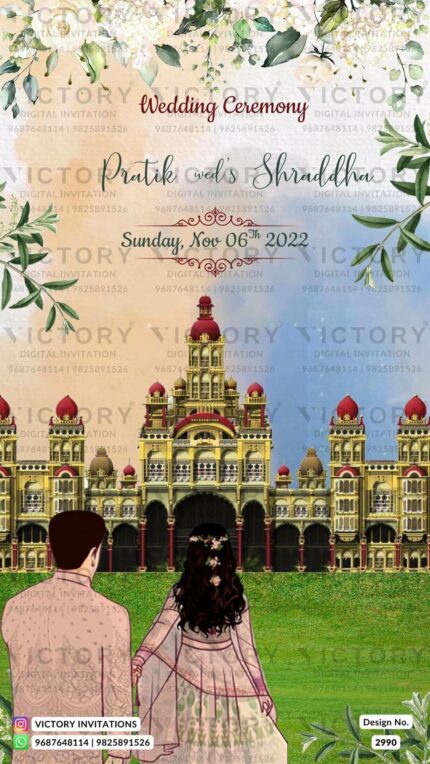 Pastel Blue and Peach Traditional Whimsical Theme Indian Wedding E-invites with Mysore Palace and No-face Couple doodle Illustrations, Design no. 2990