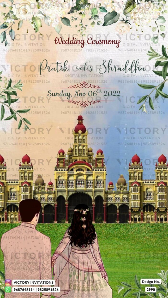 Pastel Blue and Peach Traditional Whimsical Theme Indian Wedding E-invites with Mysore Palace and No-face Couple doodle Illustrations, Design no. 2990