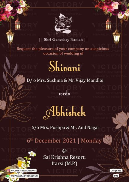 Wedding ceremony invitation card of hindu north indian family in English language with floral theme design 603