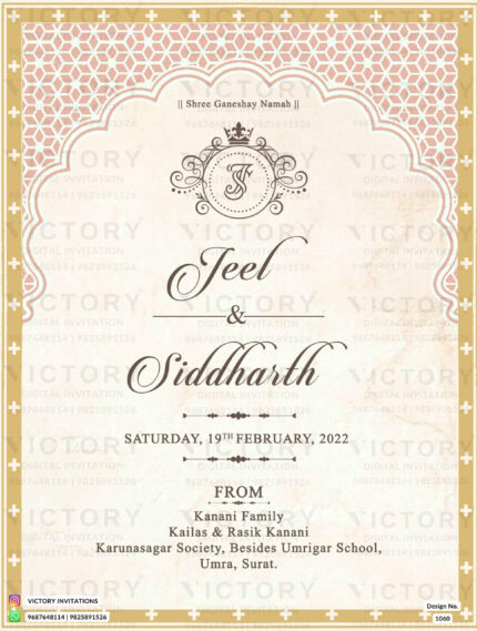 A Stunning Wedding Invitation Card with Milky White Backdrop, Couple's Line Illustration, Ganesha and Kalash Motifs, and Creamy Arch Design, design no.1060