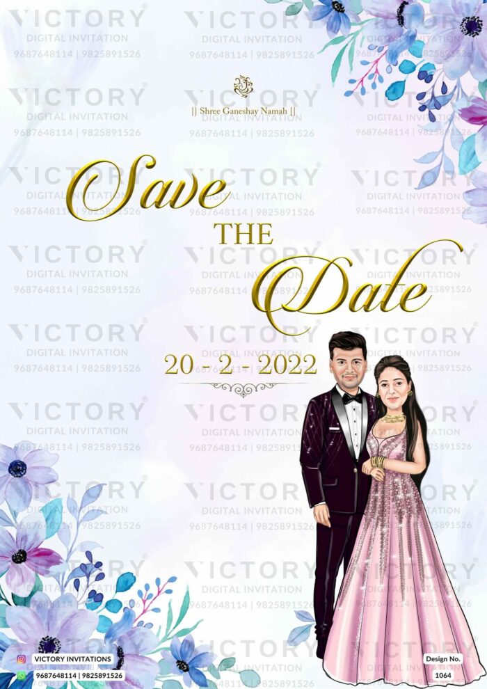 "Elegant Watercolor Save the Date Card Featuring Lavender and Blue Flowers, Caricature of Happy Couple, and Golden Ring Box." Design no. 1064