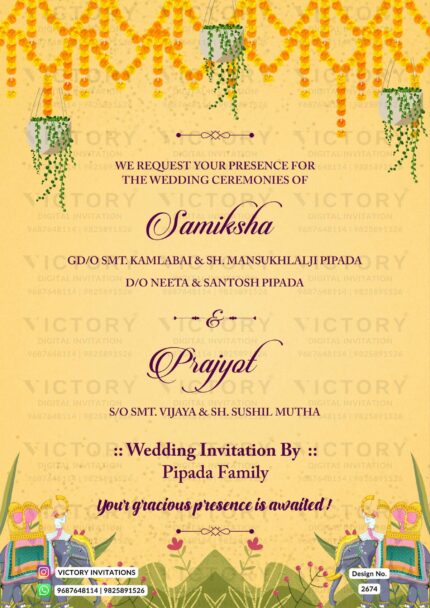 Wedding ceremony invitation card of hindu maharashtrian marathi family in English language with floral theme design 2674