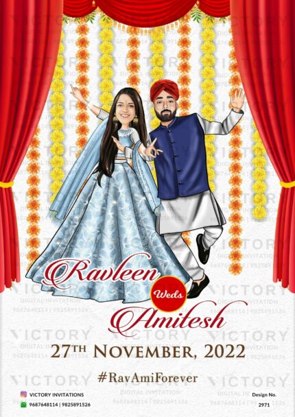 Vibrant and Pastel Shaded Vintage Whimsical Theme Indian Wedding E-cards with Sikh Couple Caricature and Festive Couple Doodle Illustrations, Design no. 2971
