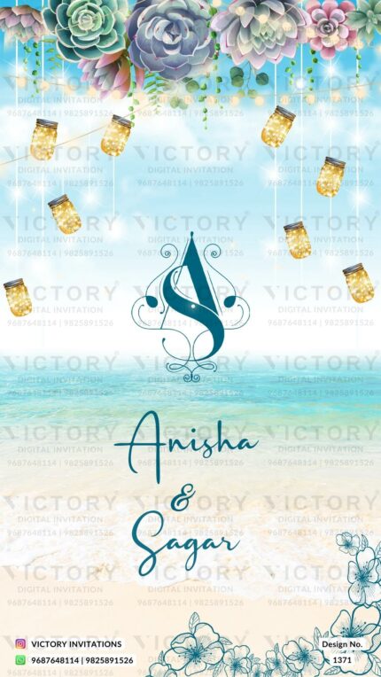Bright Blue and Emerald Green Whimsical Tropical Beach Theme Indian Electronic Wedding Invites with Modern Reception Couple Doodle Illustration, Design no. 1371