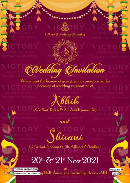 Exquisite Indian-Hindu Wedding Invitation Card with Traditional Elements on a Burgundy-Red Background, charming Doodles of the couple, and a Ganesha motif, Design no. 2024