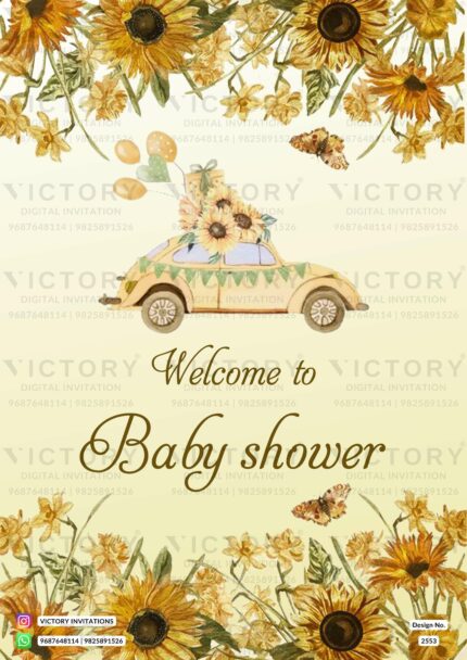"A Floral-Themed Baby Shower Invitation with Vibrant Orangy Yellow and Citrine White Backdrop, featuring a Mesmerizing Border, Delicate baby Doodles, and a Stunning Yellow Car" Design no. 2553